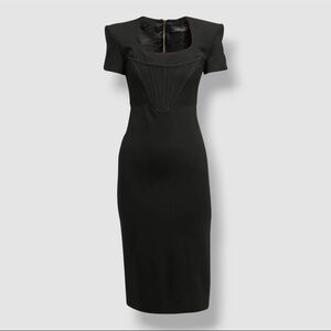 $4325 Versace Black Corset Two-Way Zipper Padded Shoulder Midi Dress Size 36